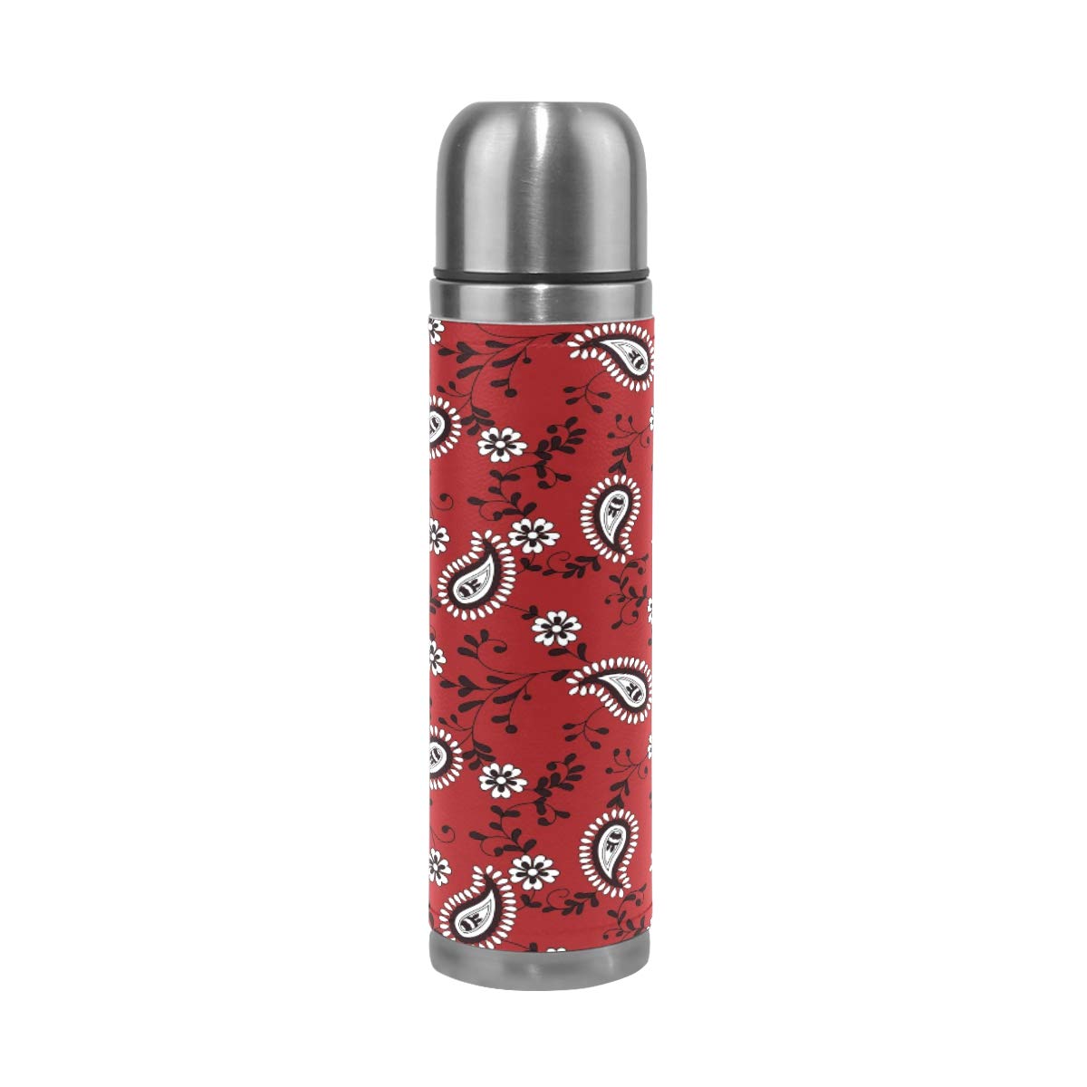 Taza de viaje aislada al vacío de acero inoxidable con doble pared a prueba de fugas, botellas de cachemira, impresión personalizada impresa en piel auténtica, termo termo de 500 ml