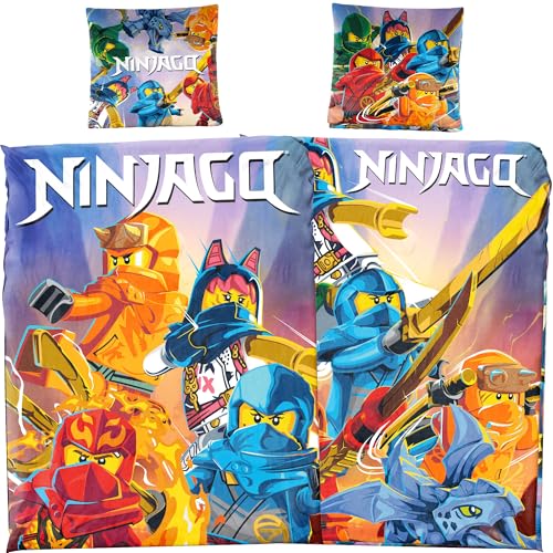 Réversible Linon Parure de lit pour enfant Lego Ninjago - Fire - 135 x 200 cm + 80 x 80 cm - 100% coton - renforcé Cole - Jay - Kai - Lloyd - Zane - Nya -...