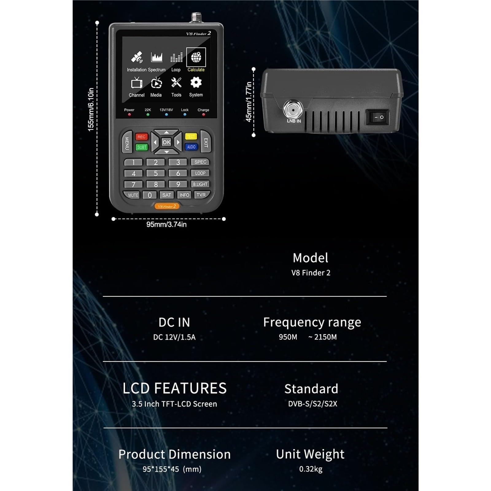 Buscador De Satélite Receptor Señal Medidor MEPG-4 DeteccióN Precisa(V8 Finder 2 Grey)