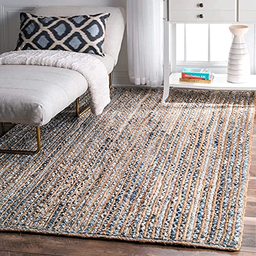 Image of Handwoven 2x6 feet Jute Rectangular Rug, Natural Fibers, Braided Reversible Carpet for Stylish Bedroom Living Room Dining Room Kids Room (2x6 feet, Blue & Beige)