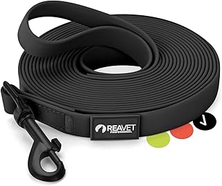 ReaVET Correa de arrastre para perros de 5 metros, color negro, resistente e impermeable, correa larga para ejercicios con mango acolchado, correa de entrenamiento para perros grandes y pequeños