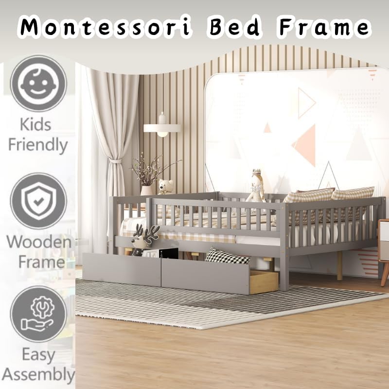 Miniatura 4 de Bellemave Armazón de cama tamaño completo con barandillas de valla y cajones de almacenamiento, camas infantiles de madera estilo Montessori con