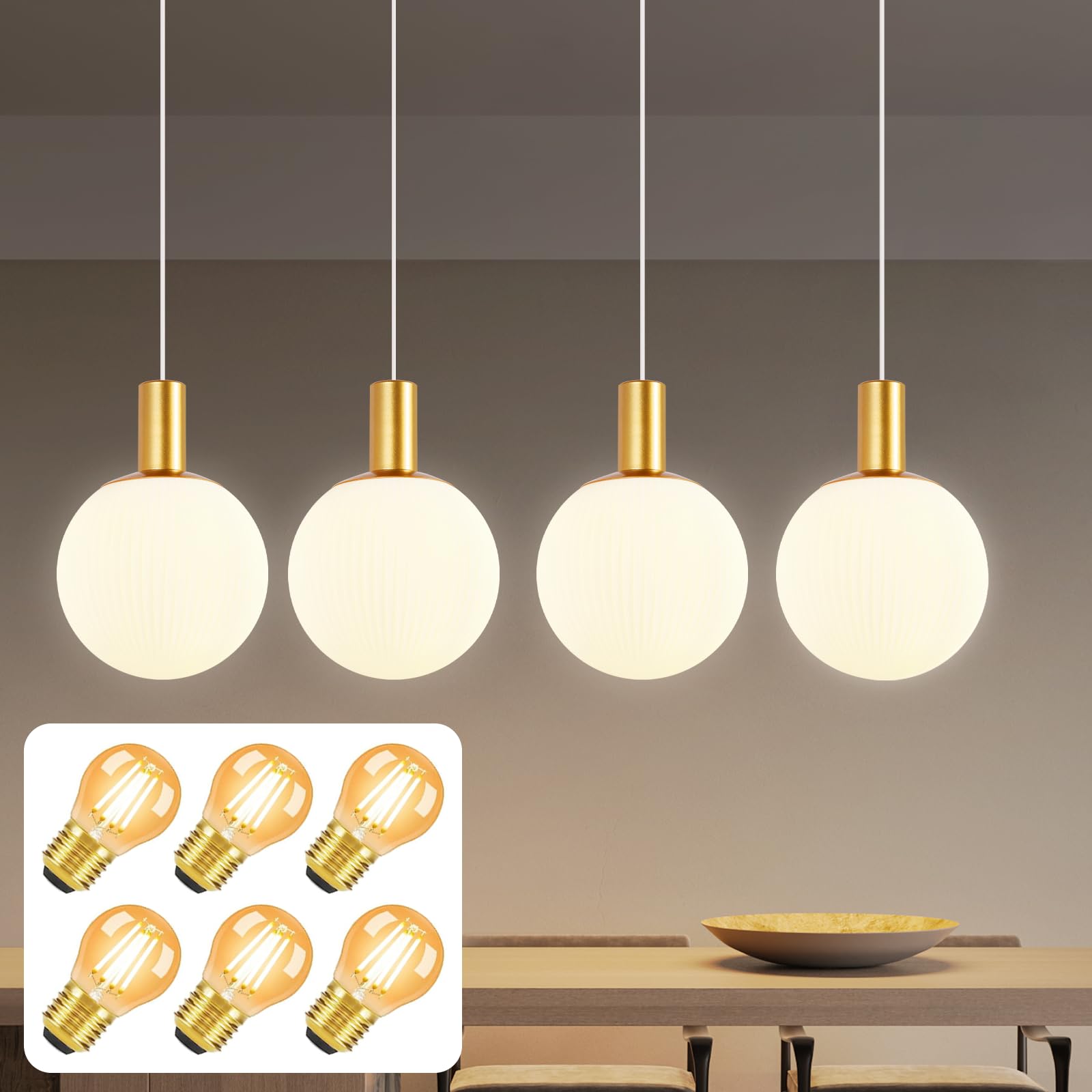 CBJKTX Pendelleuchte Esstisch Hängelampe Glas mit 6 Stück E27 Leuchtmittel - 4 Flammig Hängeleuchte Gold Küchenlampe Hängend Höhenverstellbar Pendellampe Modern für Esszimmer Küche Schlafzimmer Büro ﻿