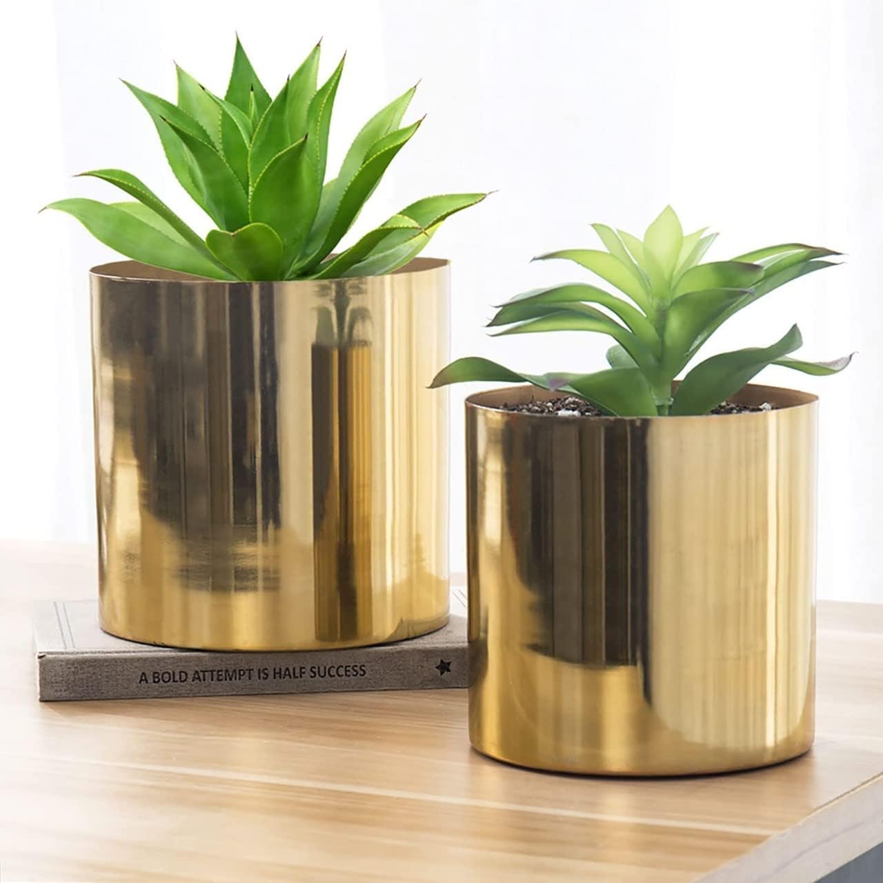 ecofynd Grace Metal Plant Pots (5 inch, 6 inch) | Small Decorative Modern Indoor Planters Flower Pots | Home Garden Decor Planter for Living Room Bedroom Interior (Pack of 2, Gold)