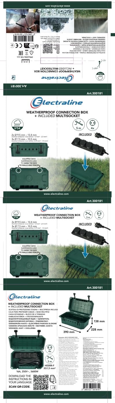 Electraline 300181 Boîte de protection étanche pour l'extérieur IP54 avec bloc multiprise 4 prises IP44 avec capuchons, câble de 5 m H05RR-F 3G1,5, vert, taille XL