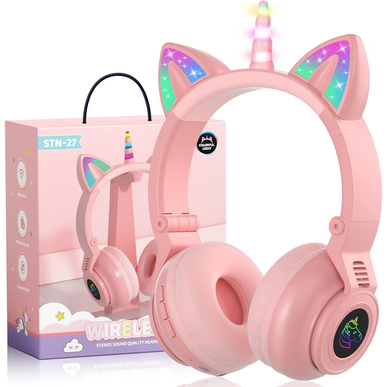 Unicorn Headphones, Foldable and Portable Kids Bluetooth Headphones, Kids Cat Ear Headphones with Glowing LED, Durable Girls Headphone with Long Run Time, Suitable for Pc, Cell Phones, Tv