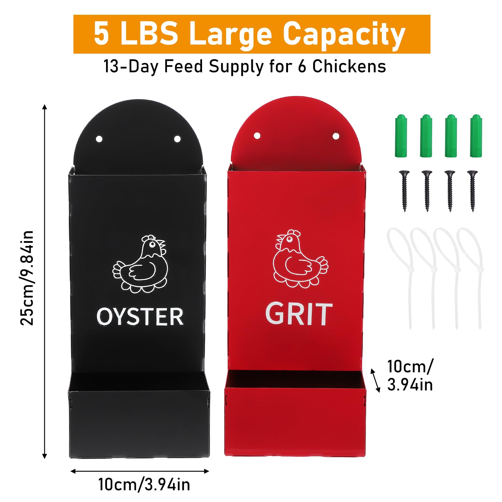 BigKing Trogolo – 2 dispensadores de grava para aves de corral, rojo + negro, 1,3 l/unidades, de metal, alimentador automático para gallinas, comedero para interiores y exteriores
