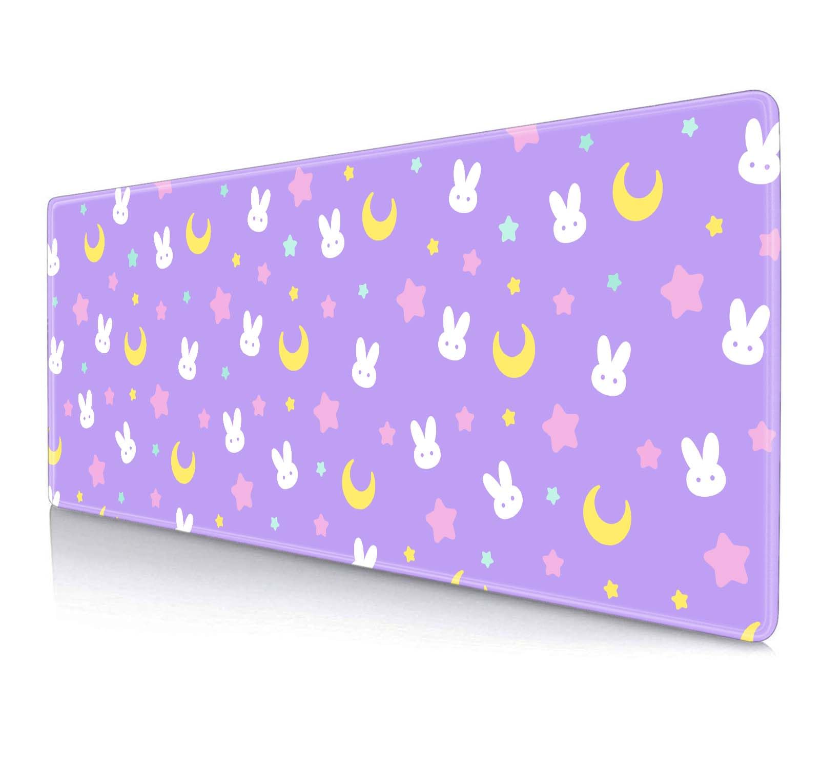 HUOCAIREN Kawaii Purple Large Gaming Mouse Pad, Cute Rabbit Bunny Stars Desk Mat, Aesthetics Desk Pad for Work, Office, Home, Anti-Slip Rubber Mice pad for Computer & Laptop, 31.5 X 11.8 Inch — image 1