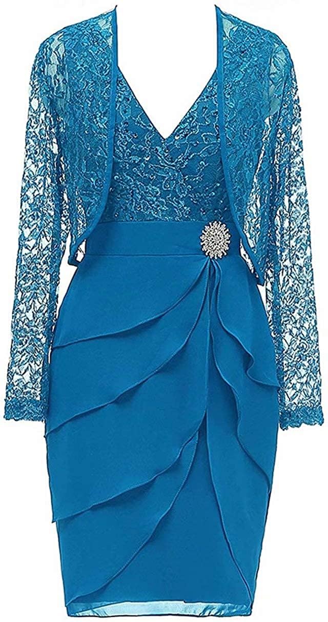 2 Pieces Mother of The Bride Groom Dresses with Jacket Long Sleeve Chiffon Formal Evening Grandmother Gown ZM047 Blue UK24