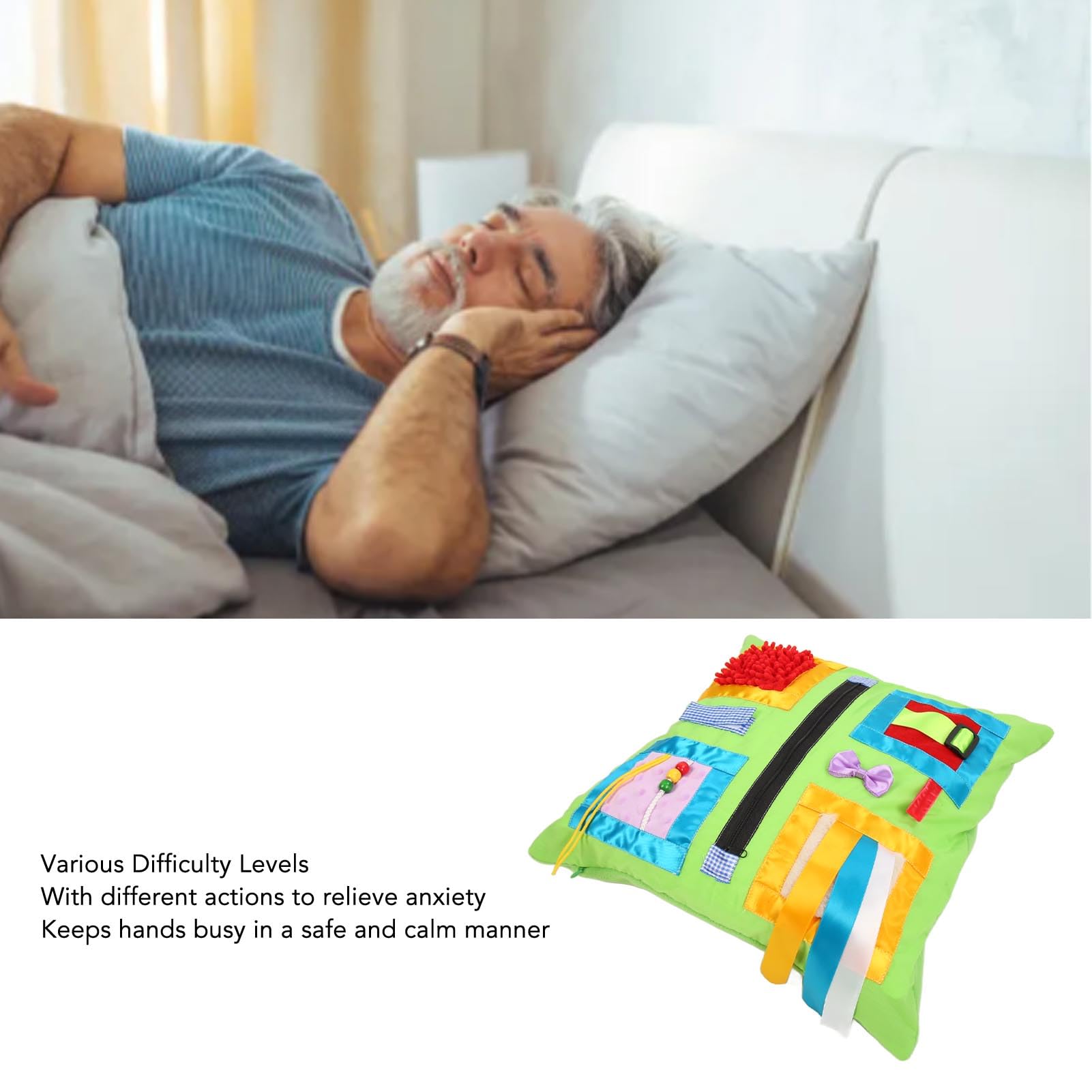 Almohada Demencia, Almohada Sensorial Fidget Actividades Calmantes y Reconfortantes para Adultos con Demencia, Funda de Almohada Extraíble, Productos para la Demencia