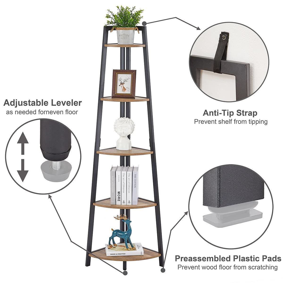 FATORRI 5 Tier Corner Shelf, Rustic Wood Corner Bookshelf, Industrial Metal Corner Bookcase and