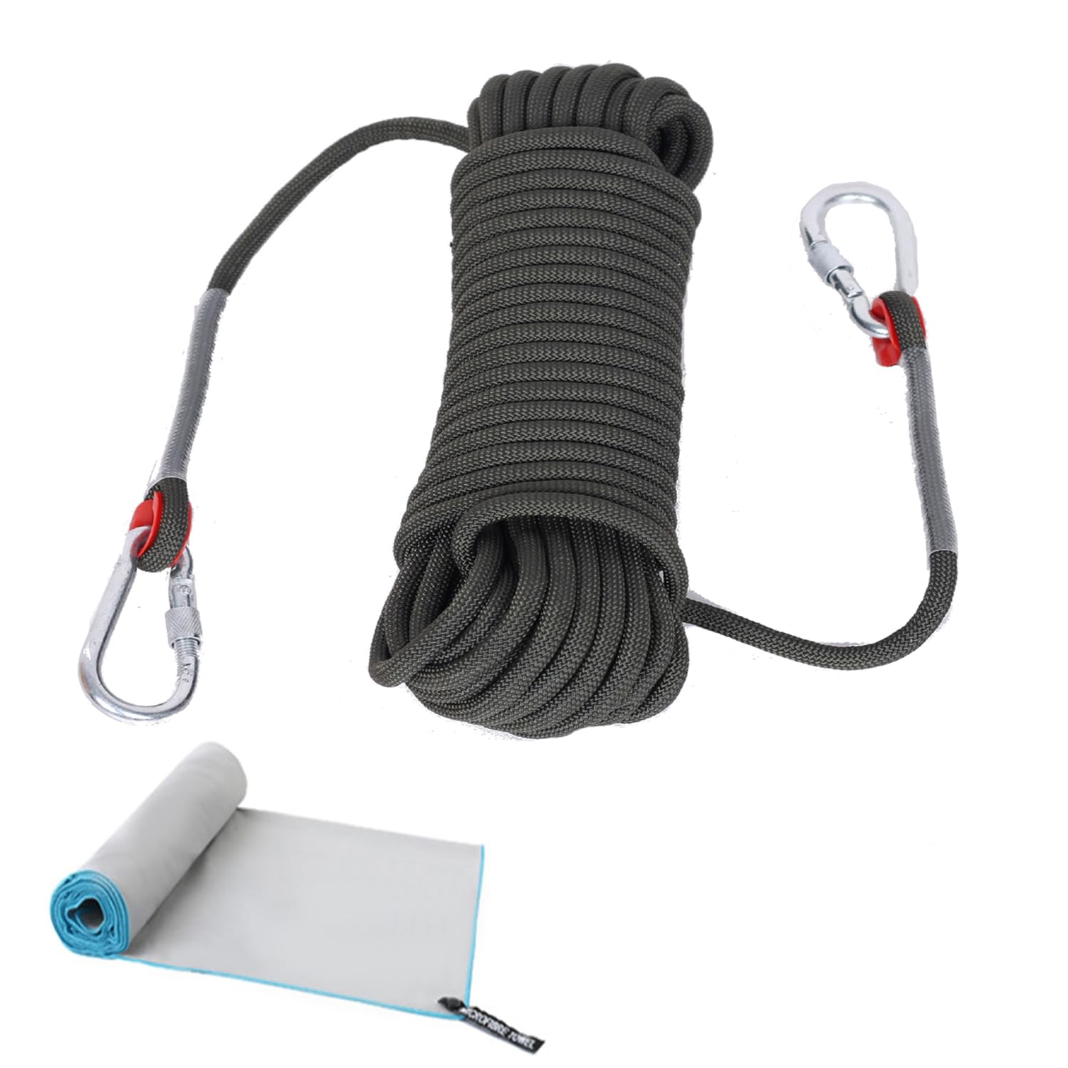 Outdoor-Kletterseil+schnell trocknendes Handtuch,Nylon Seil Klettern Sicherheitsseil Durchmesser 10.5mm,Lagergewicht 1200kg,mit 2 Karabinern