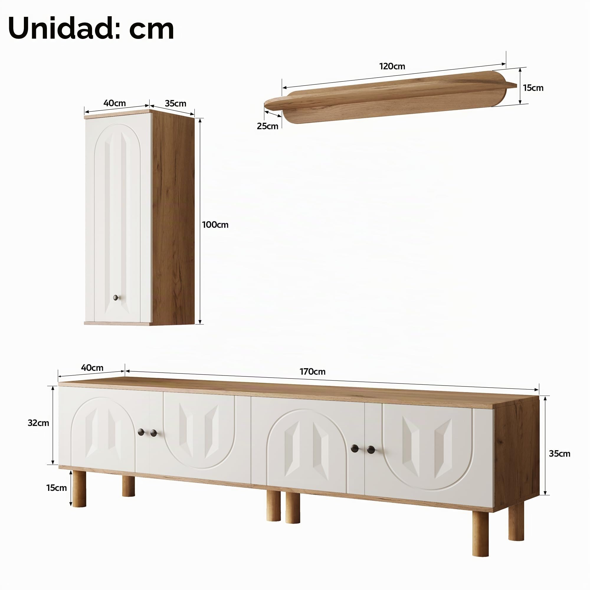 Nowoczesny stojak pod telewizor do salonu 3-częściowy zestaw: panel ścienny do wysokich desek rzeźbione białe i drewniane drzwi 170 x 40 x 50 cm - stylowe rozwiązanie do przechowywania rozrywki