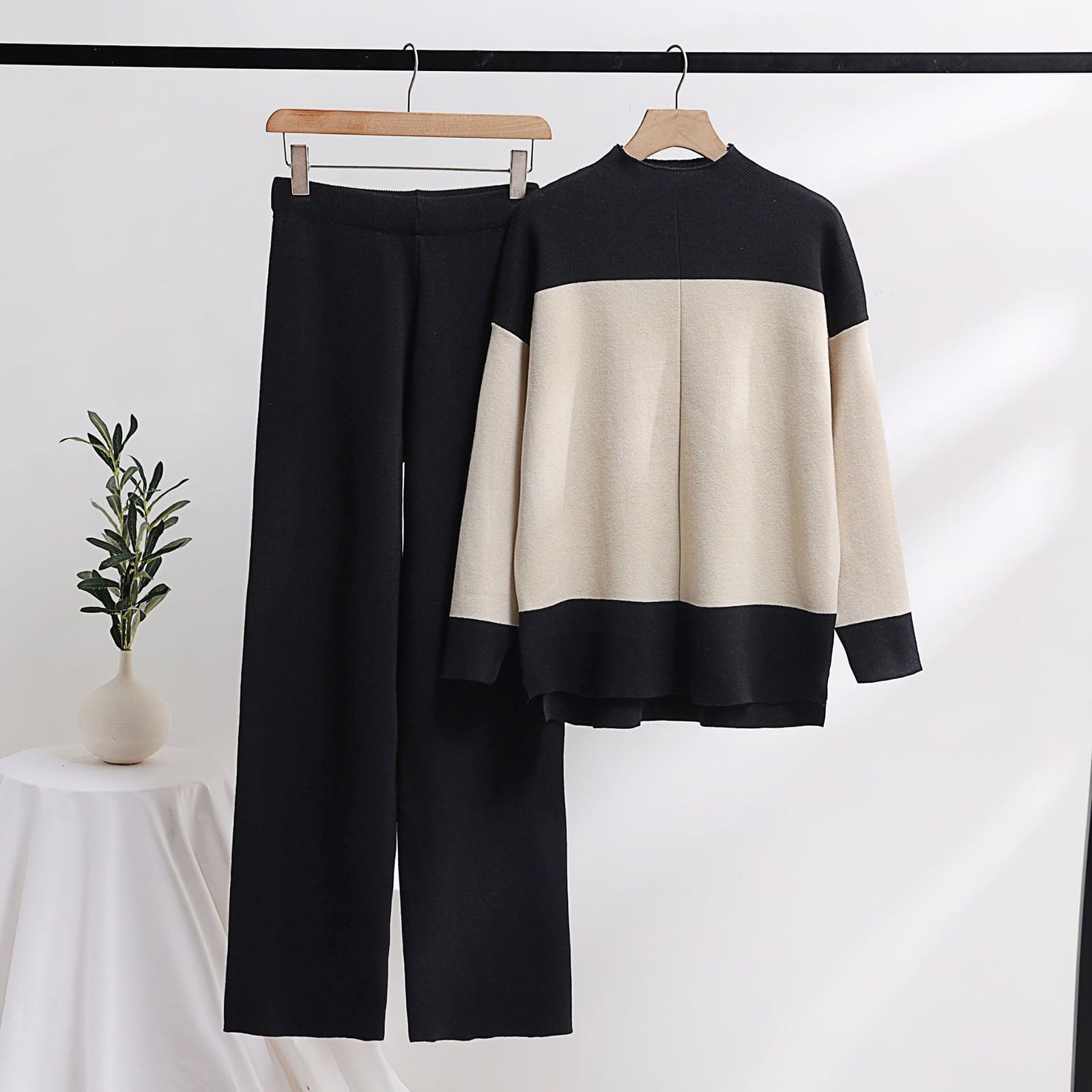 Generico Conjunto de 2 piezas para mujer de punto elegante y cómodo mono de punto de lana casual cuello redondo suéter y pantalones pierna ancha trabajados suave completo para el hogar elástico ligero