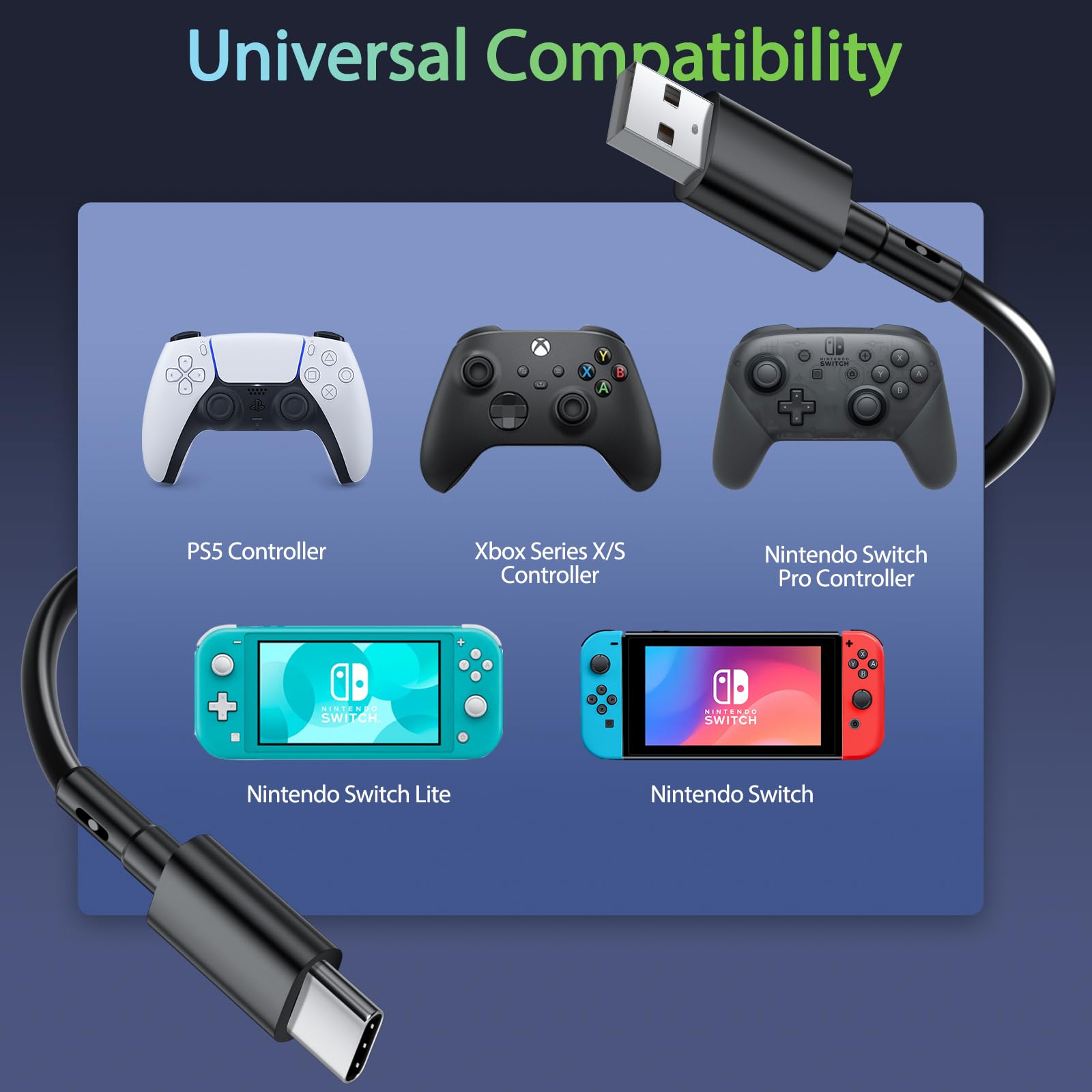 Câble de charge pour manette PS5 pour Xbox Series X S, câble USB C de 3 m pour Sony Playstation 5, câble de charge de type C pour Nintendo Switch, 3 mètres