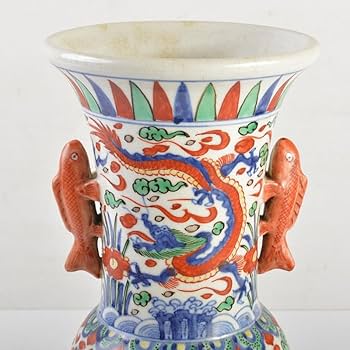 Amazon.co.jp: 中国 大明萬暦年製款 赤絵 雲龍花文 双魚耳瓶 時代箱付