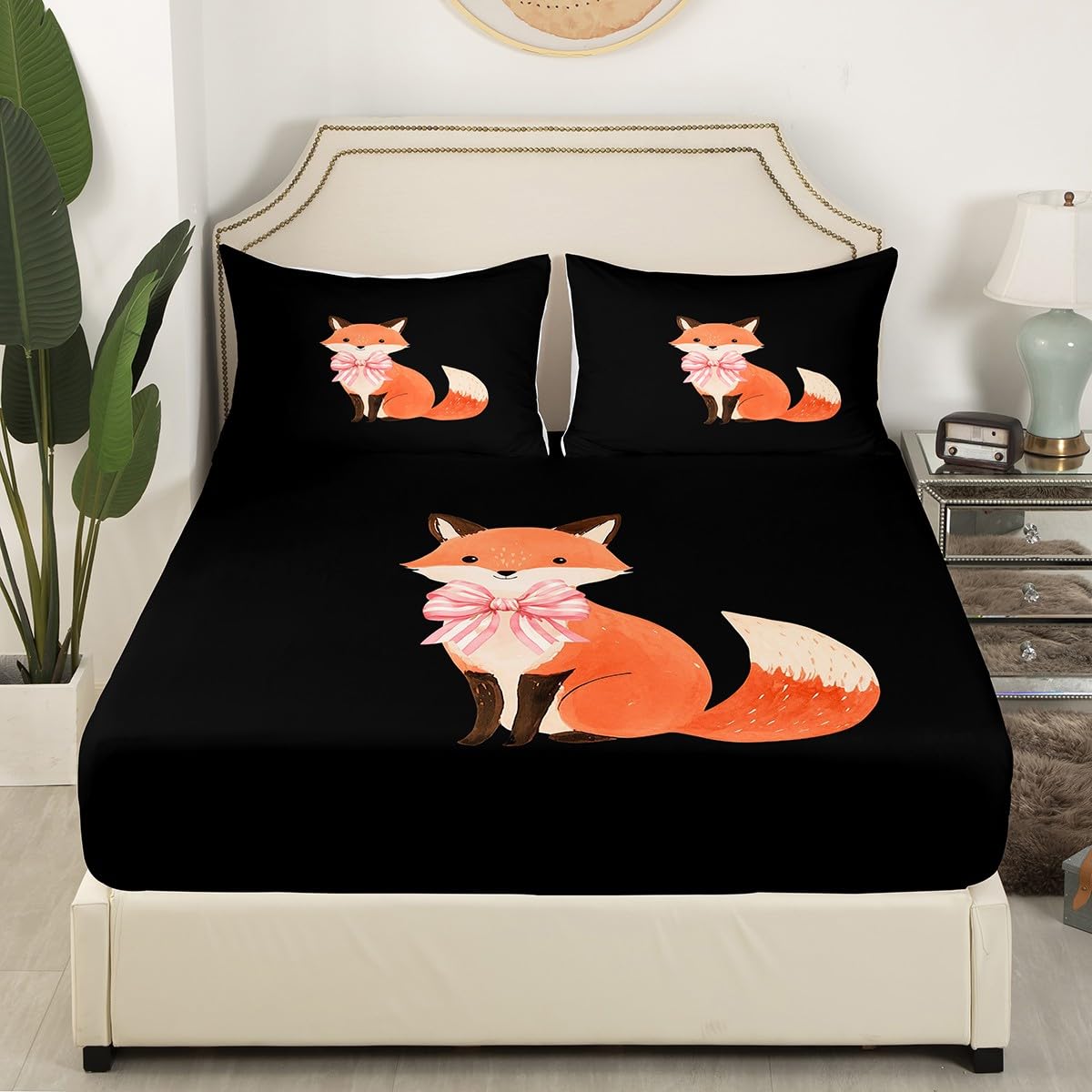 Erosebridal Cartoon Fox Fitted Sheet for Kids Boys Girls,Pink Bowknot Bed Sheets Queen,Kawaii Animal Bed Cover,Farmhouse Bedding Set with 2 Pillowcases Wrinkle Free
