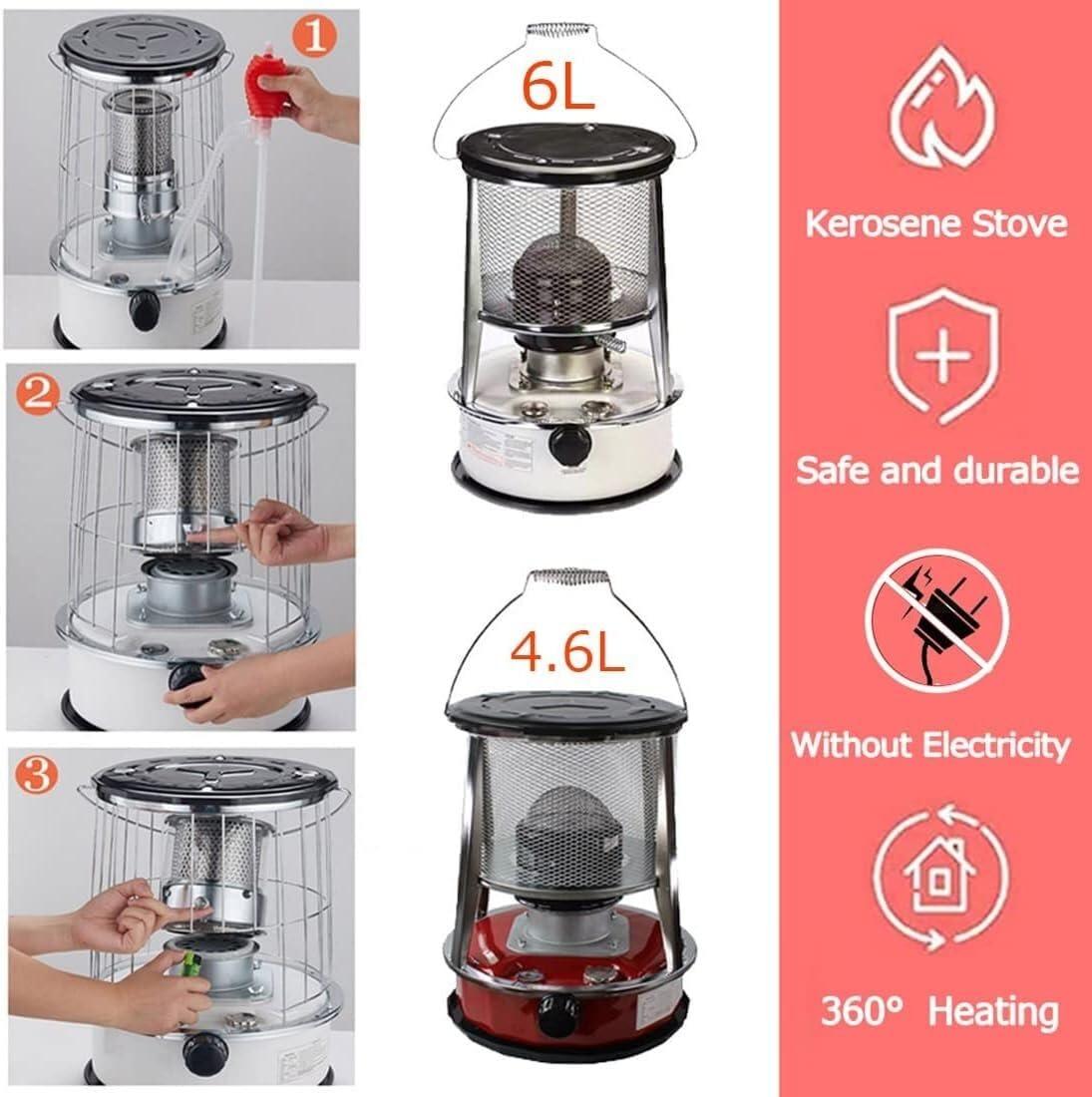Grzejnik naftowy do pomieszczeń wewnętrznych Piec grzewczy 360° na kemping, grill, wędkarstwo, garażowe grzejniki na olej naftowy(4.6L/Red)