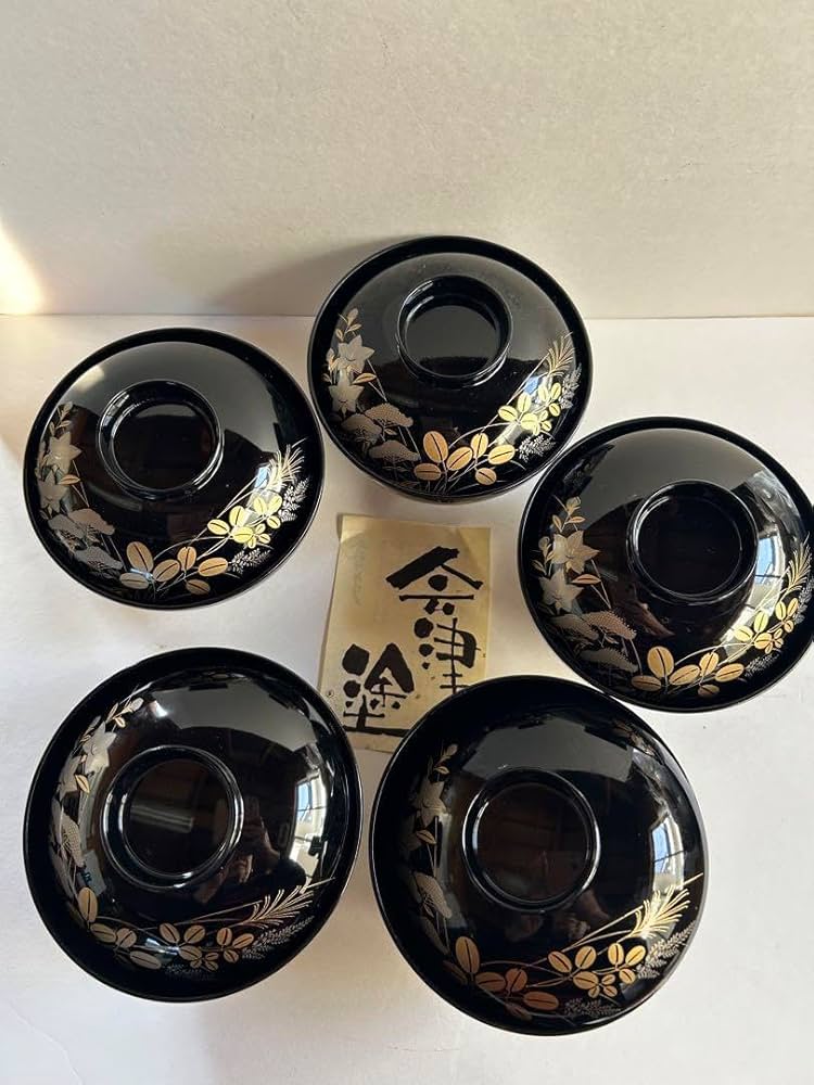 ⭐️ 会津塗 天然木加工品 秋草蒔絵 蓋付きお吸物椀揃 5客 美品 ⭐️ ⭐️ 会津塗 天然木加工品 秋草蒔絵 蓋付きお吸物椀揃 5客
