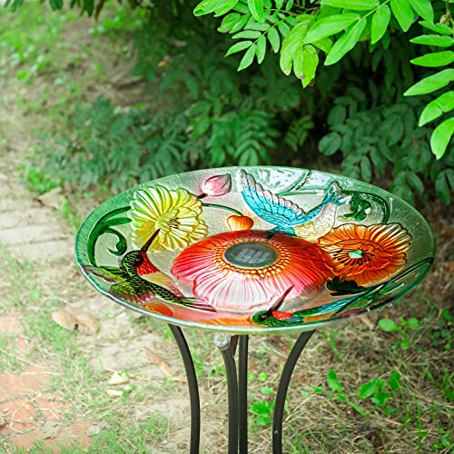 Mumtop Glass Bird Baths For Outdoors, Solar Outdoor Bird Baths With Metal Stand For Garden Lawn Backyard Hummingbird Decor, 18”Dia 21.65”Height #TOP5