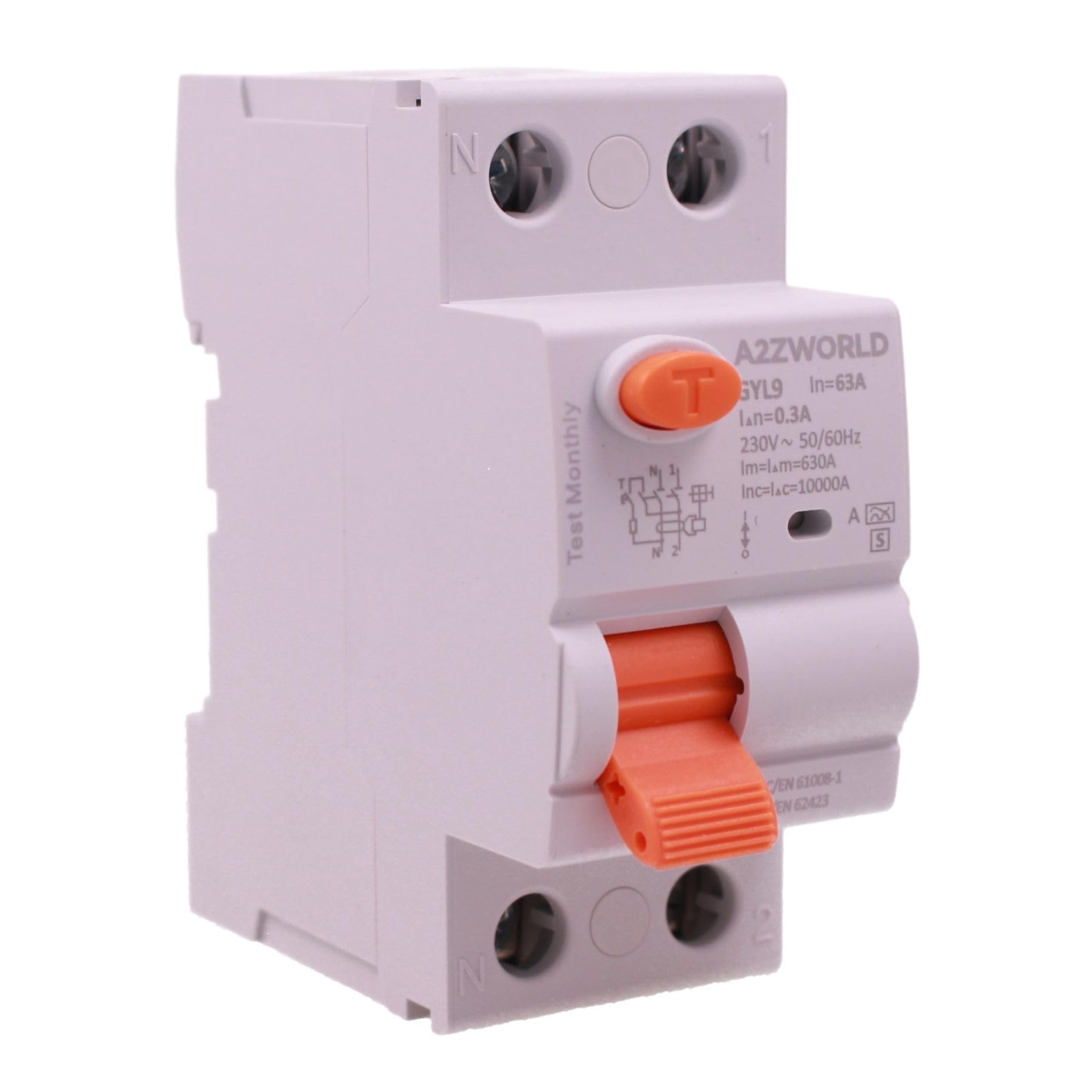 Interruptor diferencial selectivo tipo AS 300 mA/0,3 A 63 A, salvavidas tipo S Clase A 1P + N 10 kA, retraso hasta 500 ms, 2 módulos DIN 220 V AC, serie GYL9 electromecánica