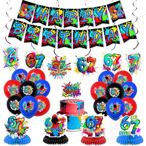 6 7 Birthday Decorations Six Seven Birthday Party Decoration 67 Meme Themed Birthday Decoration with Happy Birthday Banner Ballons Honeycomb Centerpieces Swirls Funny 67 Favors for Number Themed Party