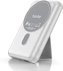 Basike Power Bank, 10000mAh Carregador Portátil Universal por Indução, 15W Carregamento Rápido, Suporte Dobrável,Compatível com MagSafe (Prata)