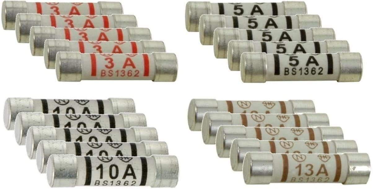 Switch Electronics 20 x Mixed Electrical Ceramic Household Domestic Mains Plug Top Fuses 3A 5A 10A 13A