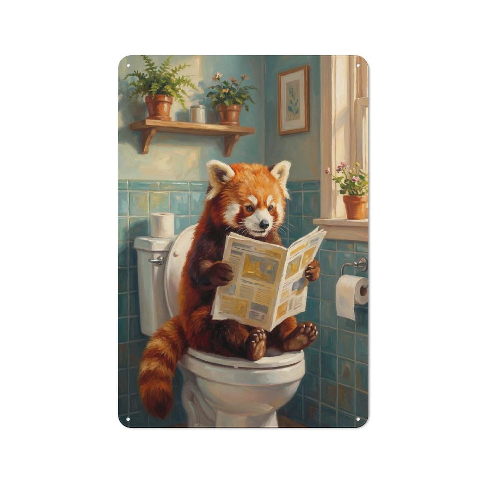 Junmoney Style-12 Workshop Style Garage Metal Sign 30X20cm Featuring Red Panda Reading Newspaper On Toilet, Industrial Wall Art For Garage, Hobby Room, Office Or Man Cave