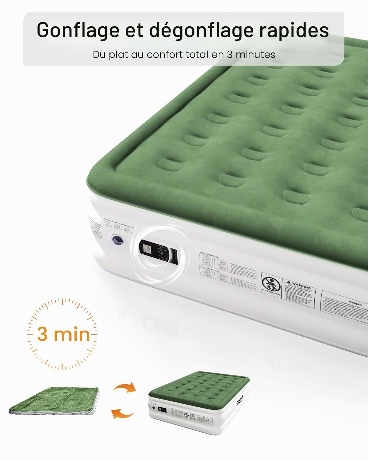 Zearna Matelas Gonflable 2 Places 191x137x46cm Auto-Gonflant Pompe Électrique Intégrée Lit Gonflable 2 Personnes Superficie Floccée Imperméable Lit d'Invité Double pour Maison Voyage et Camping