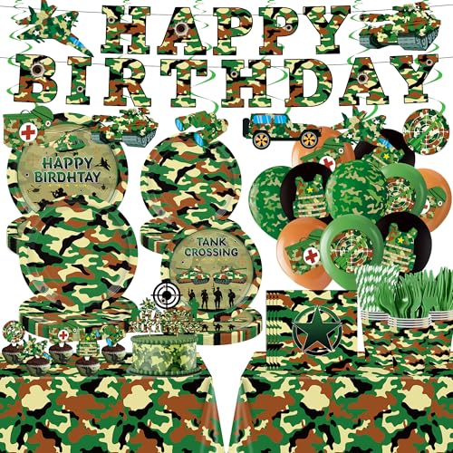 214PCS Camo Army Birthday Party Decorations Plates and Napkins Set Ballon Banner Tablecloth Hanging Cupcake Topper Boys Camo Military Hunting Themed Birthday Party Supplies Serve 24 Guests