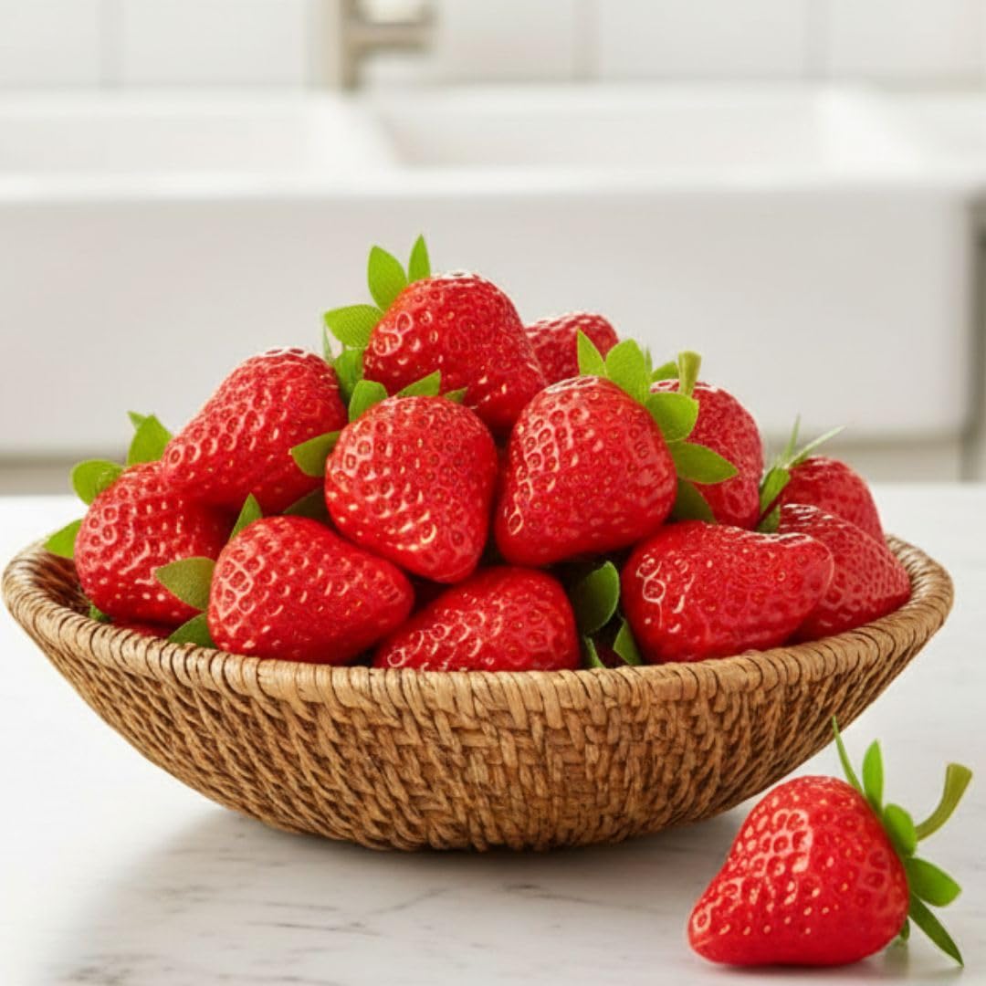 Wonderland 20-Piece Artificial Strawberries, Small Size, Red Plastic Berries with Green Stems, 3.8x3.8x5.3 cm, for Home Decor and Photography Props