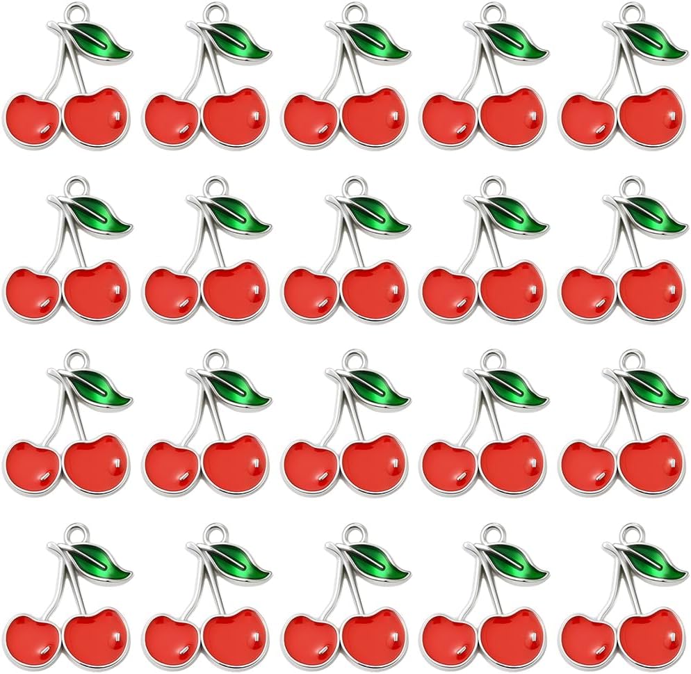 SUNNYCLUE 1 Box 60Pcs Cute Cherry Charms Red Cherries Charms Bulk Alloy Enamel Silver Metal Flat Small Dangle Food Fruit Pendants for Jewelry Making Supplies DIY Craft Necklace Bracelet Earring Women