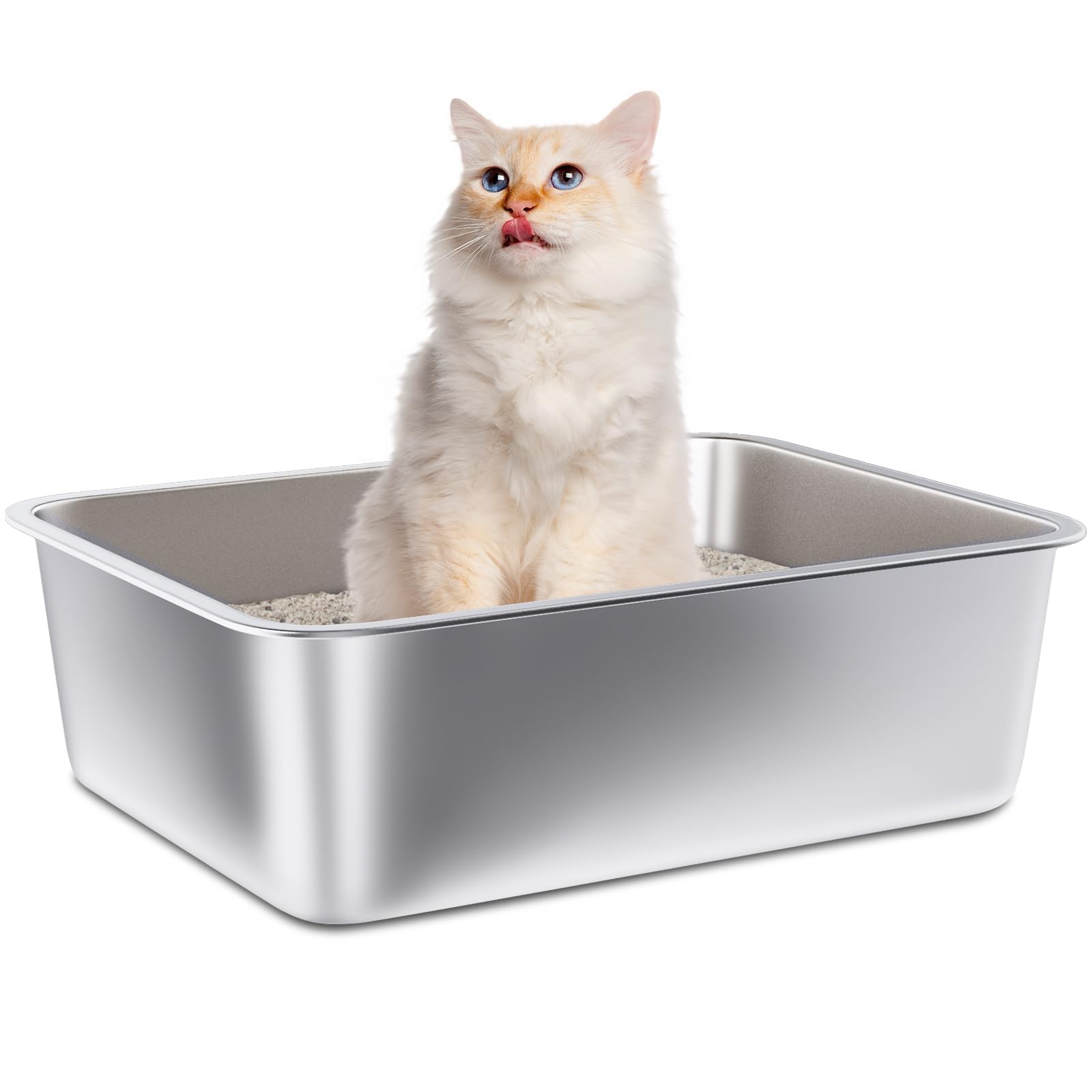 Stainless Steel Litter Box, Large Metal Cat Litter Box for Small to Medium Cats, High Sides, 18"x14"x6"，Non Stick, No Smell, Easy to Clean