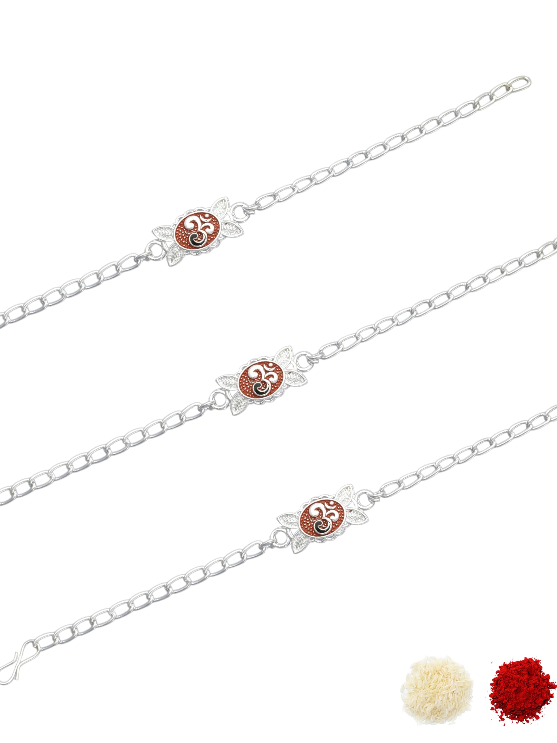 Premium Multi-coloured Minakari Finish Silver-Plated Pack of 3 Bracelet Type Chain Stylish Rakhi for Raksha Bandhan for Brother, Bhai, Bhaiya, with Roli Chawal and Greeting Card-86-image-42
