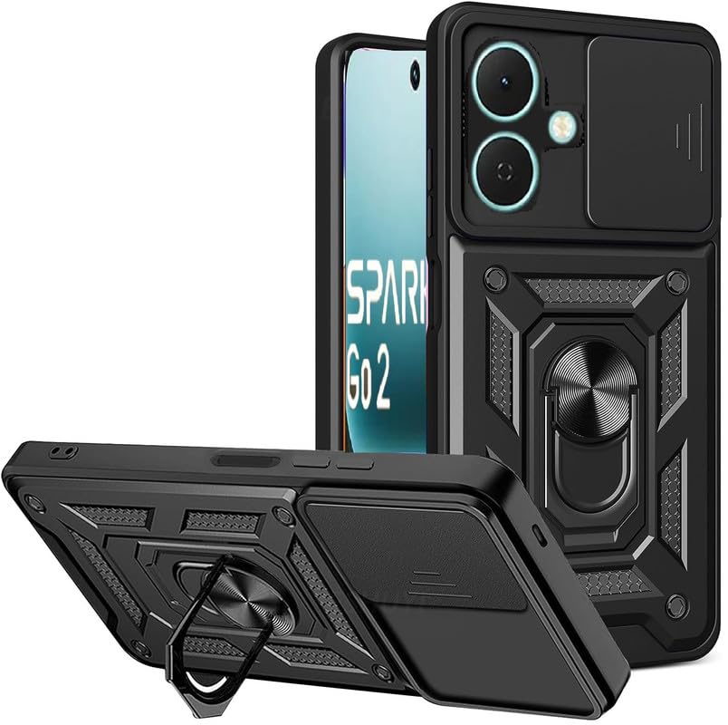 Shutter Heavy Duty Hard Tough Silicone TPU Dual Layer Hybrid Shockproof Cover,Ring Kickstand for Infinix Smart 10 5G / Spark GO2 / Pop 10 – Black