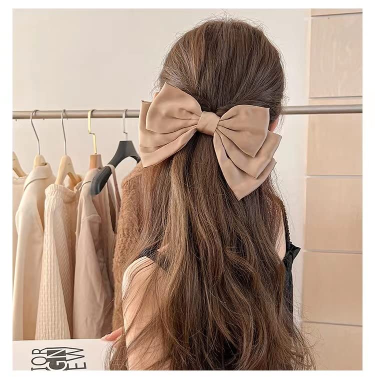 Large Hair Bow Clips for Women Girls Silky Satin Hair Barrettes with Long Ribbon Tail White Hair Bows Slides Wedding Hair Accessories for Women Girls: Short Tail - Khaki