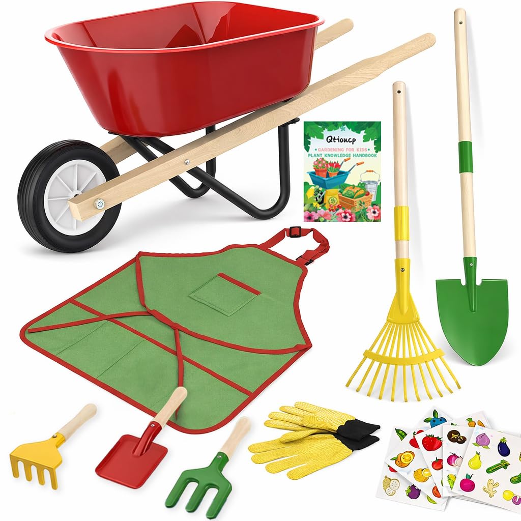 Qtioucp Brouette pour enfants avec outils de jardinage pour garçons et filles de 3 à 8 ans, avec pelle, râteau, râteau à feuilles, cadeaux d'anniversaire de Pâques