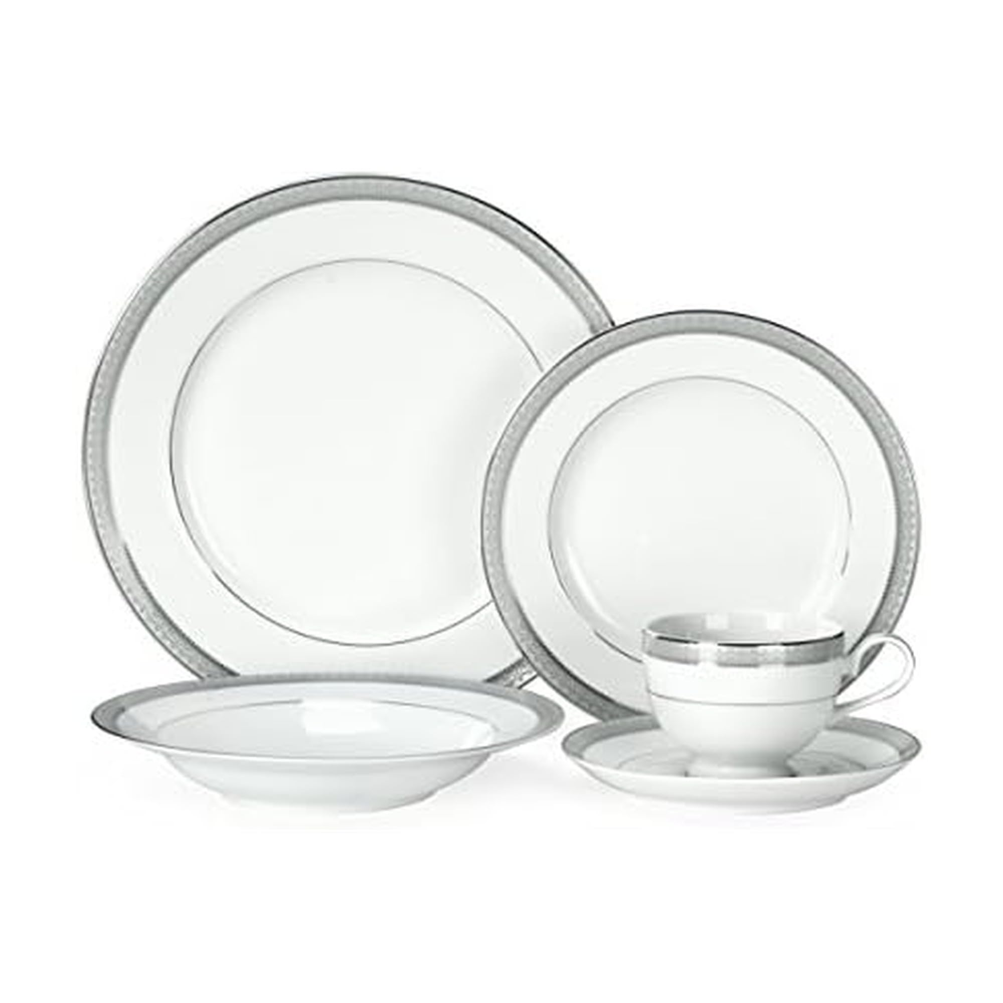 MIKASA 5224199 40 Piece Platinum Crown Dinnerware Set, Porcelain, White