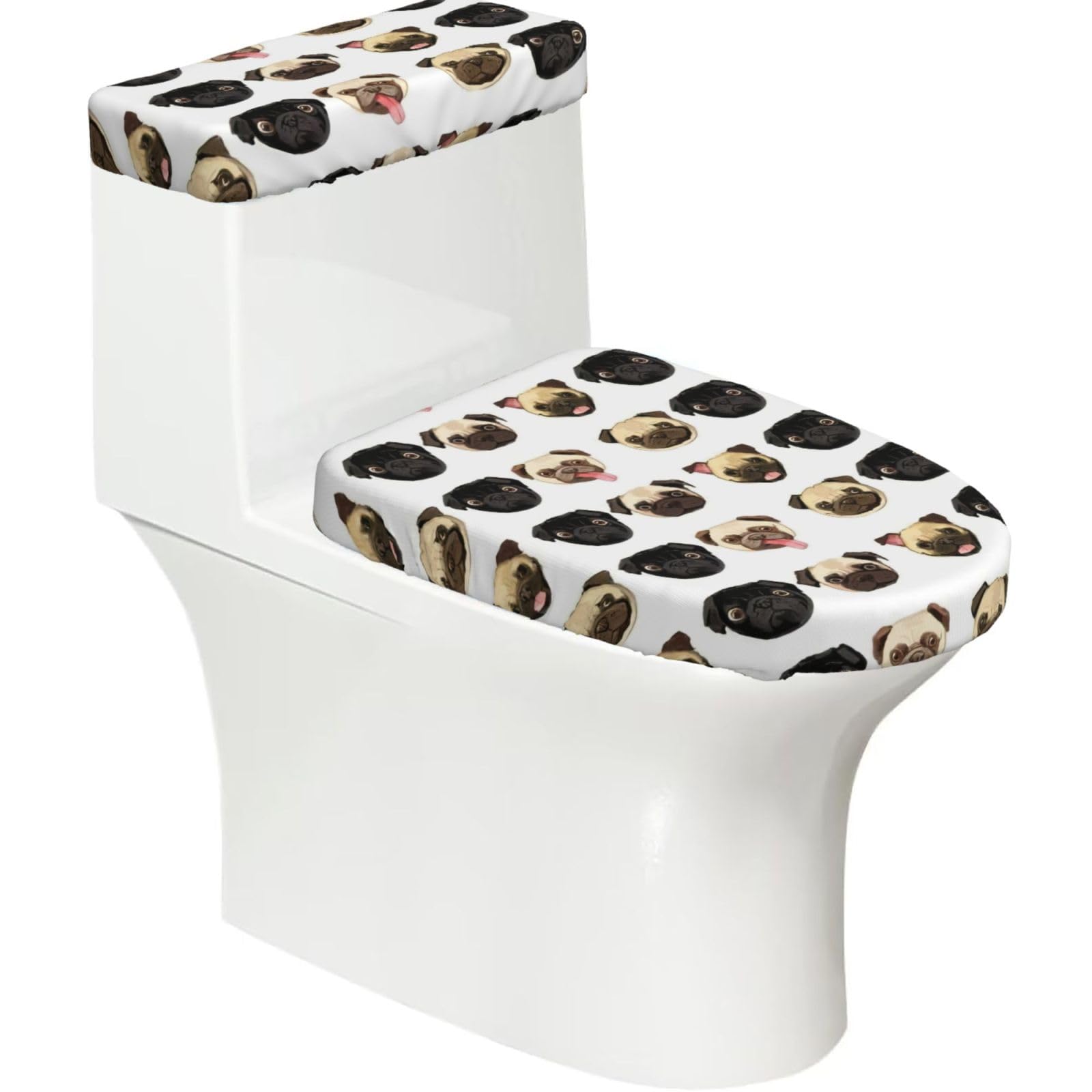 Edwal Black Yellow Pug Print 2 Pcs Elastic Toilet Seat Covers Set Washable Toilet Lid Cover Toilet Tank Cover For Bathroom