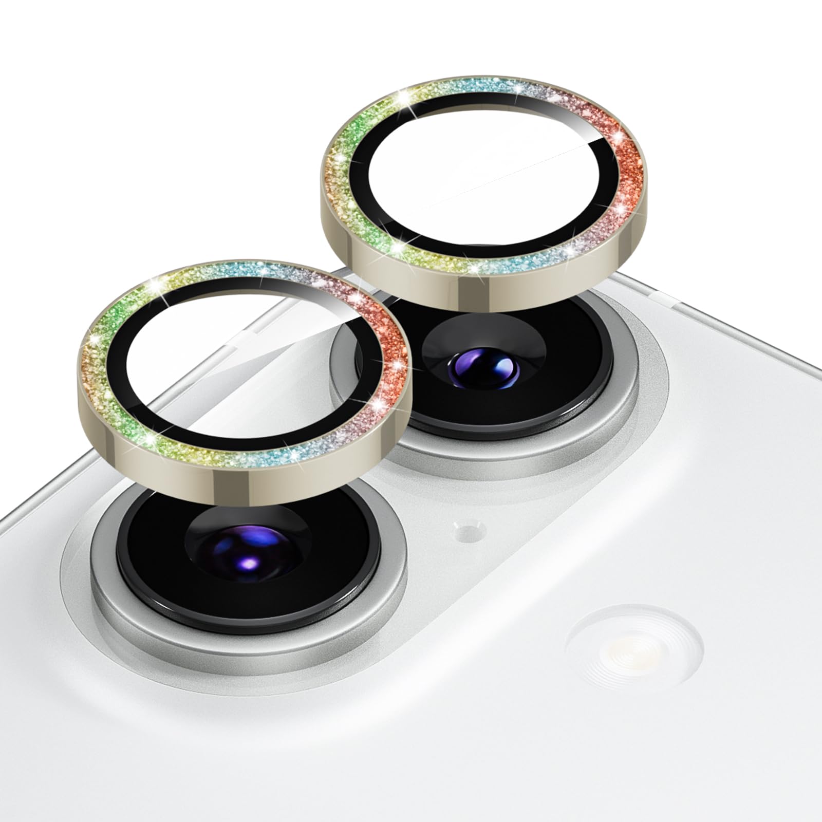Podick カメラ保護フィルム iPhone 16/16Plus 用 カメラカバー キラキラ 9H強化ガラス アルミ合金 耐衝撃 いphone16/16Plus カメラ保護 高透過率 黒縁取り フラッシュ干渉なし 取付ガイド枠付き 貼り付け簡単 アイフォン16/16プラス 対応 独立型レンズプロテクター カラフル(16/16Plus,Colorful)