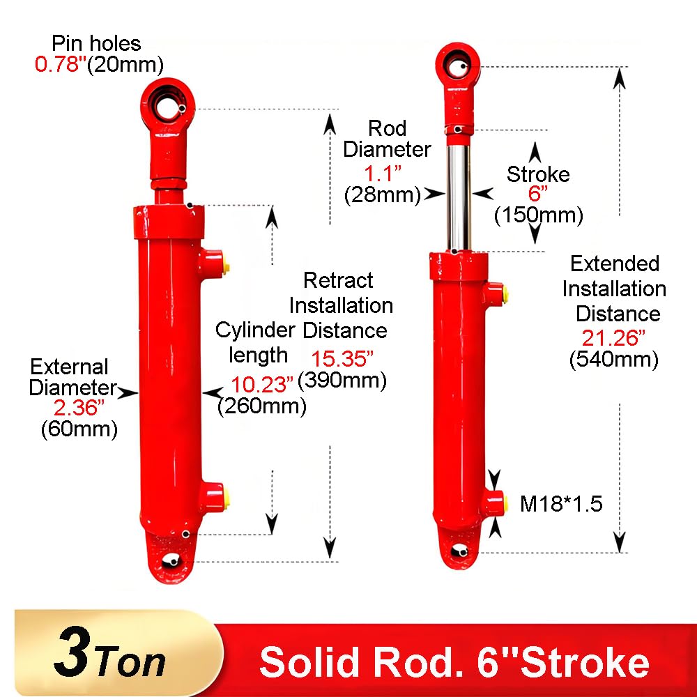 Cilindro hidráulico de 2 x 6, cilindro hidráulico soldado de doble acción de 3 toneladas, orificio de 5 cm x 15 cm, con conectores hidráulicos JIC de 37° (rosca de 9/40.6 cm-18), fuerza de