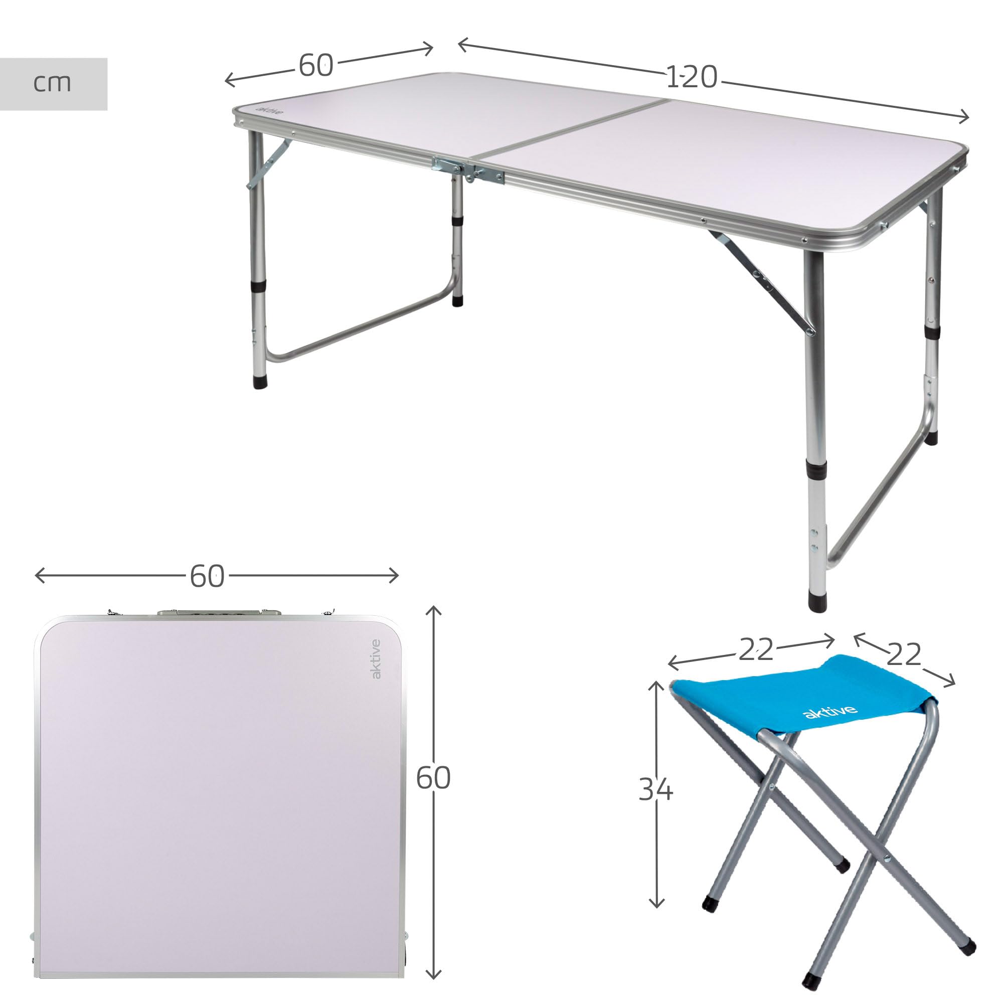 AKTIVE Mesa plegable portátil camping para 4 personas, Altura regulable, incluye 4 taburetes, jardín, con sillas dentro, Conjunto mesas y sillas plegable (52893)