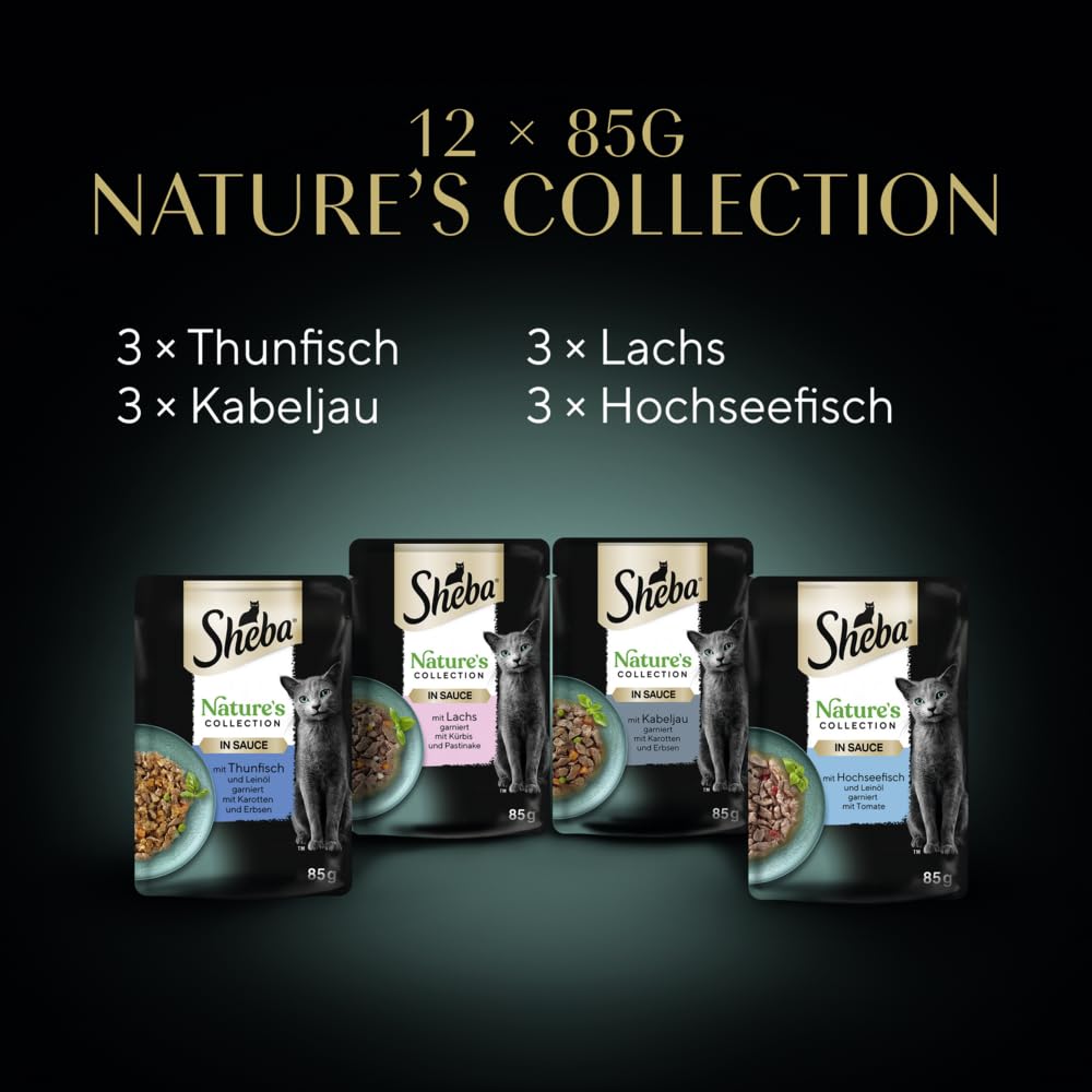 Sheba Nature´s Kolekcja dla dorosłych kotów, selekcja ryb w sosie, mokra karma dla kotów, świeżość 85 g (zestaw 12 sztuk)