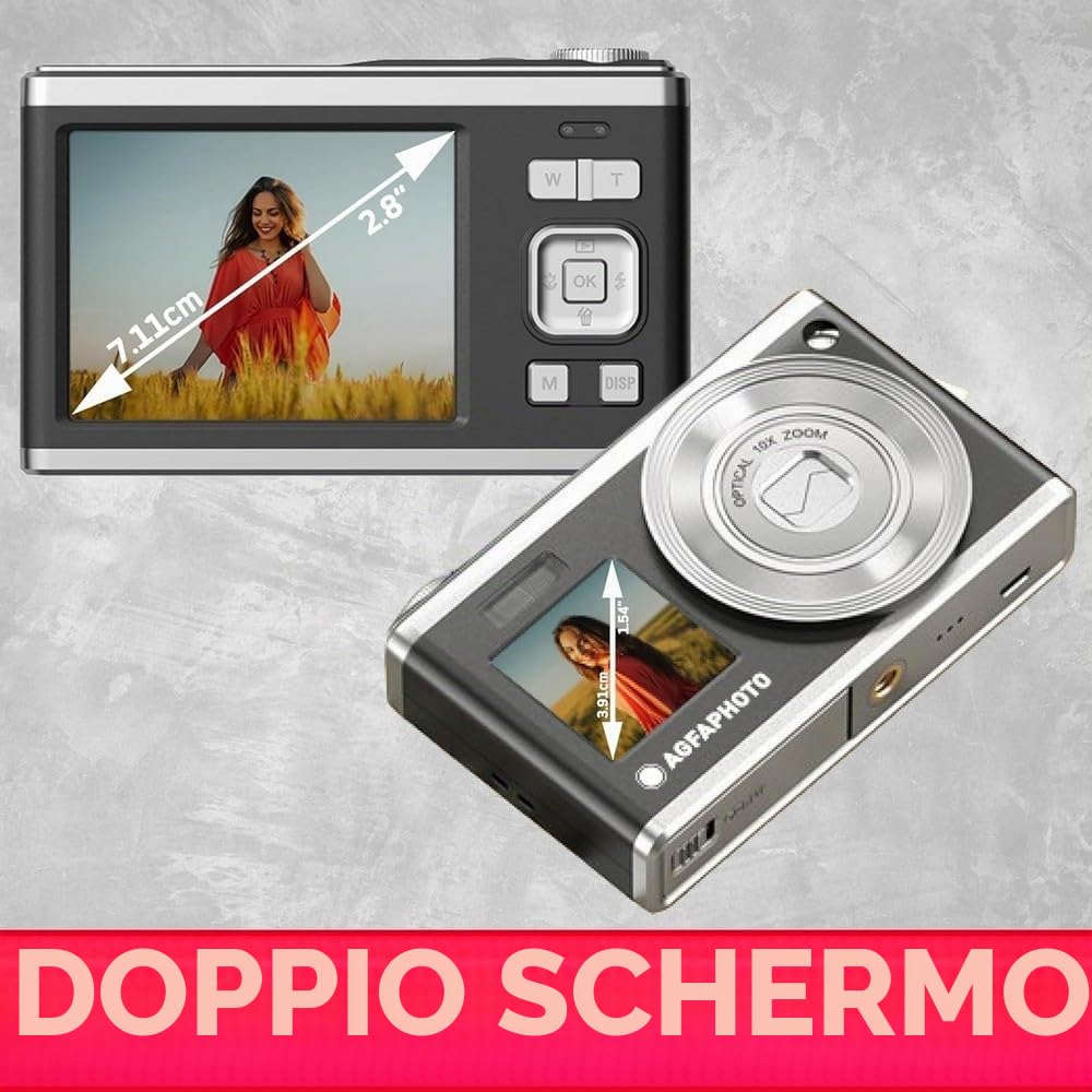 AGFA PHOTO Realishot DC9200 - Fotocamera Digitale Compatta, 24 MP, Video 4K, Zoom Ottico 10x, Schermo Doppio 2,8" + 1,54", Sensore CMOS, Stabilizzazione Immagine, Batteria al Litio - Nero