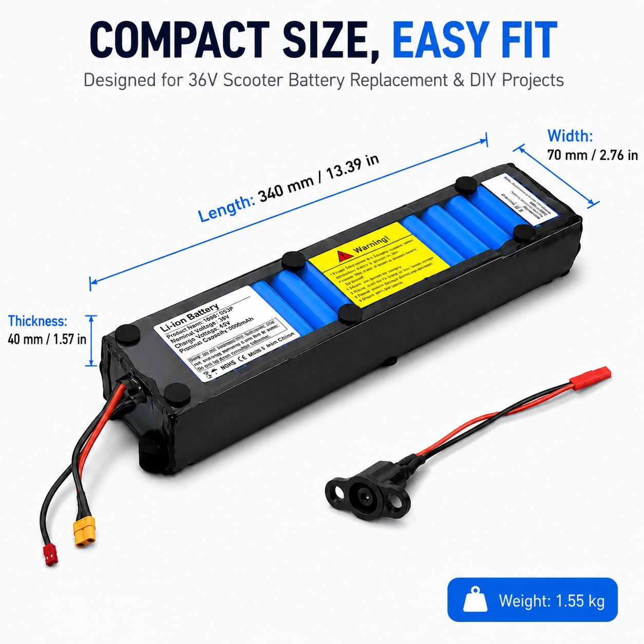 Batterie Scooter Électrique 36V 10,5Ah, Batterie Lithium ION 10500mAh avec BMS 20A, Batterie Rechargeable 10S3P avec Connecteurs XT30 et JST pour M365 Scooter Motor
