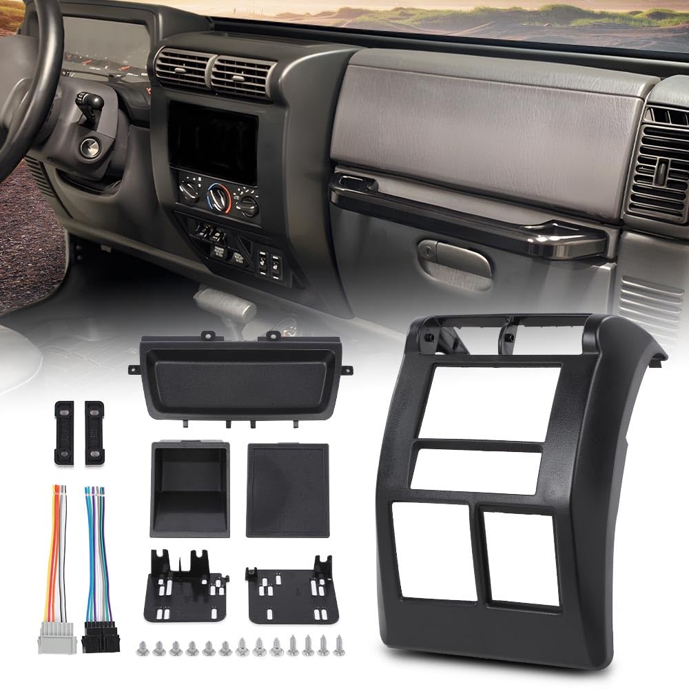 Photo 1 of PIT66 Dash Bezel Cover Compatible with Jeep Wrangler TJ 1997-2002 Double Din Dashboard Panel Mounting Kit Replace 95-6549