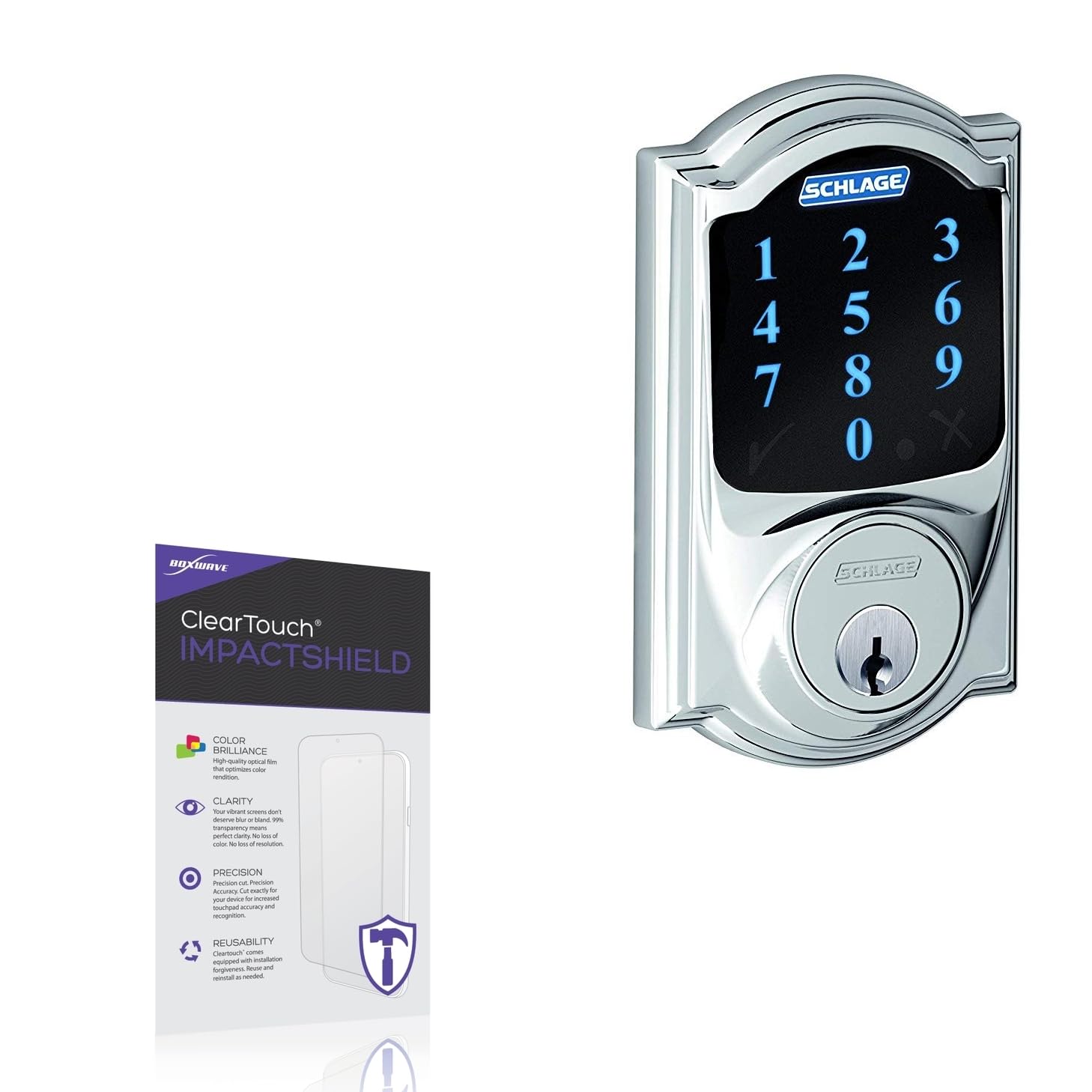 BoxWave Screen Protector Compatible with Schlage Connect Camelot Touchscreen Deadbolt - ClearTouch ImpactShield (2-Pack), Impenetrable Screen Protector Flexible Film