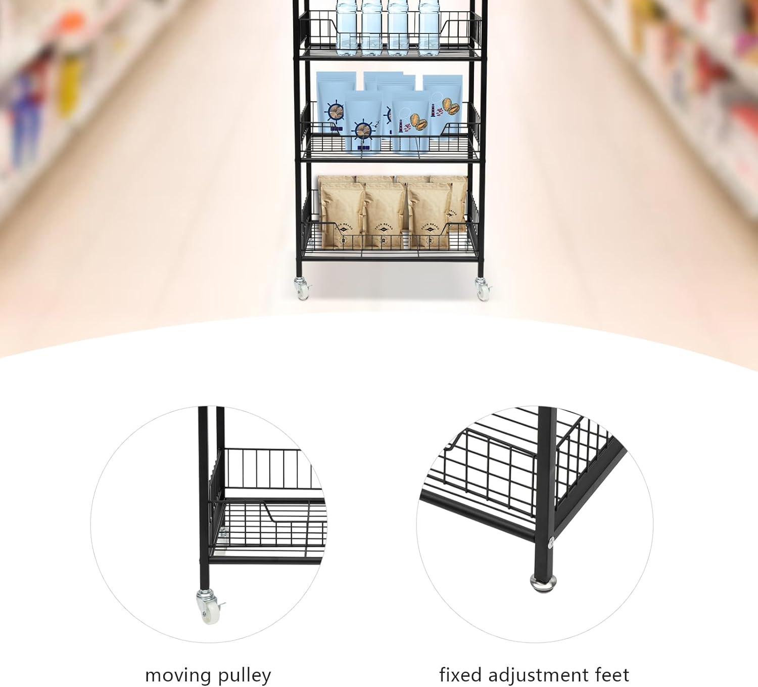 4 Tier Retail Display Rack Stand with 10 Hooks & Top Handles Snack Candy Display Organizer with Wheels 19.6 * 10.6 * 55in Metal Storage Shelf Basket Stand Cart (Black)
