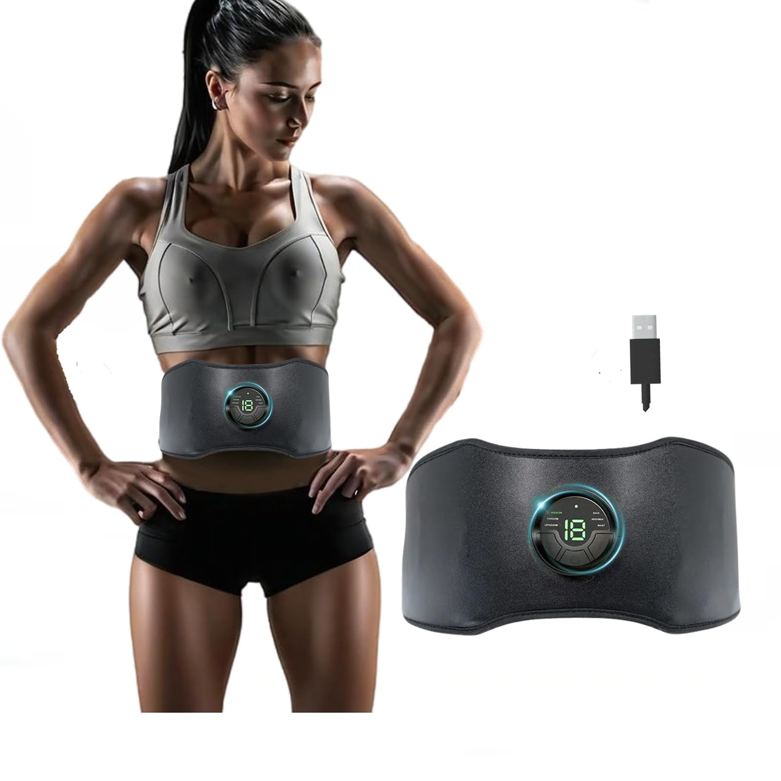 Cinturón EMS para abdominales y core | 6 modos, 18 niveles de intensidad, cinturón tonificador abdominal ajustable de 118 cm | Equipo de fitness para el hogar recargable por USB para mujeres y hombres